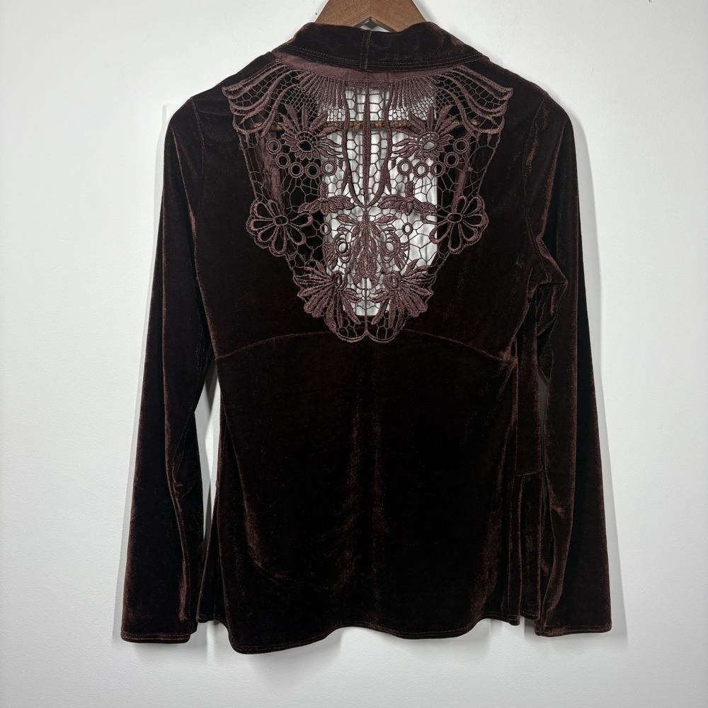 One World Womens Waterfall Open Cardigan Size S Brown‎ Velvet Lace Crochet Boho